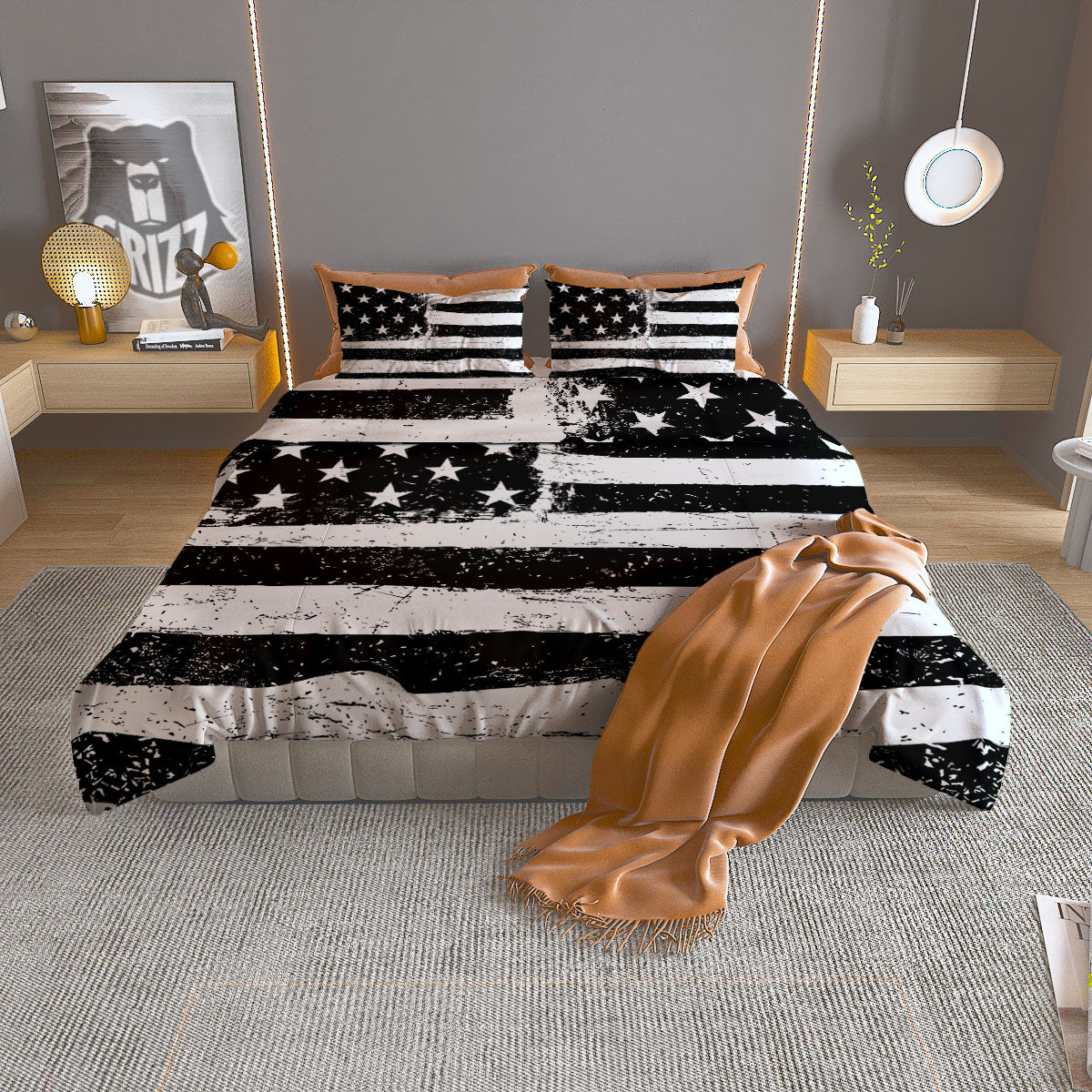American Flag Monochrome Grunge Print Duvet Cover Bedding Set