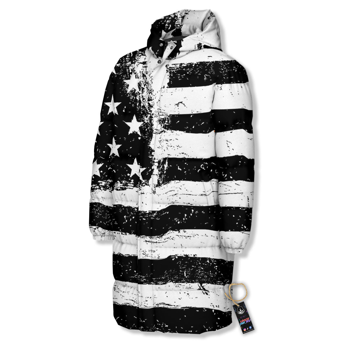 American Flag Monochrome Grunge Print Long Down Jacket-grizzshop