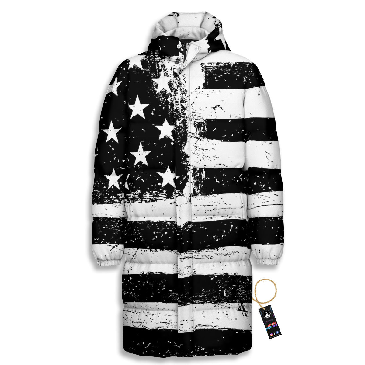 American Flag Monochrome Grunge Print Long Down Jacket-grizzshop
