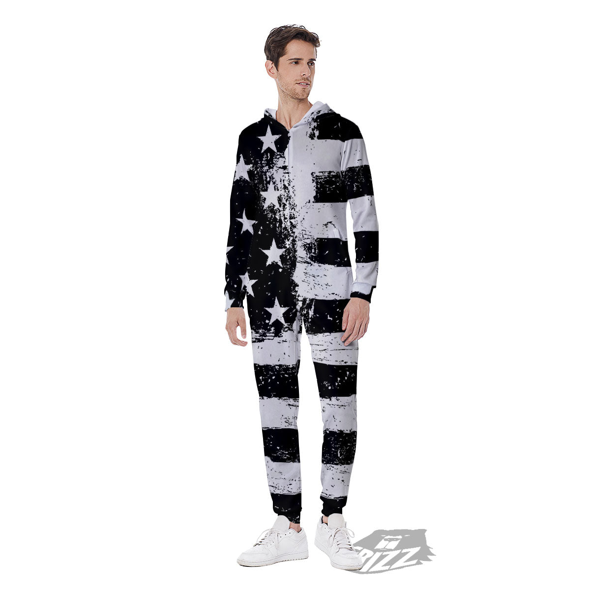 American Flag Monochrome Grunge Print Men's Jumpsuit-grizzshop