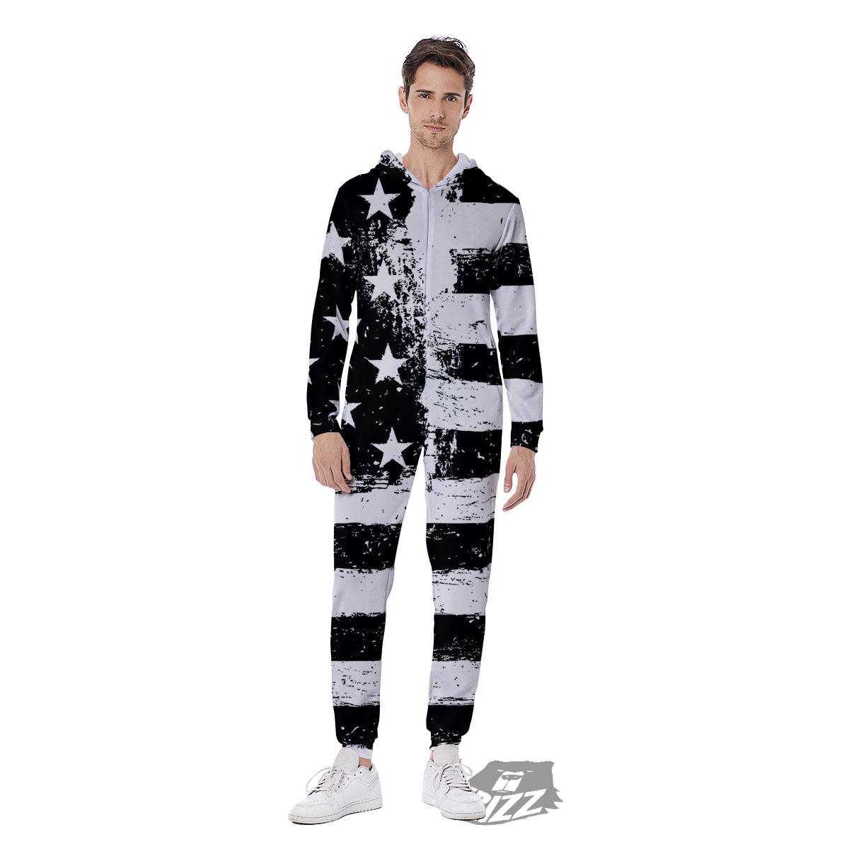 American Flag Monochrome Grunge Print Men's Jumpsuit-grizzshop