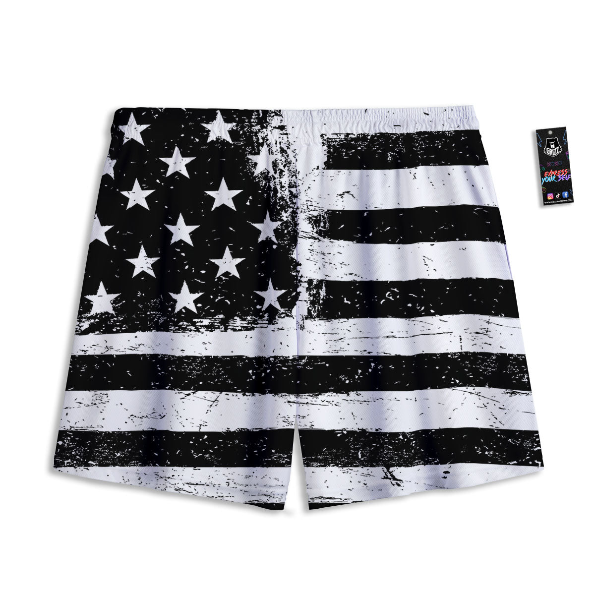 American Flag Monochrome Grunge Print Mesh Shorts