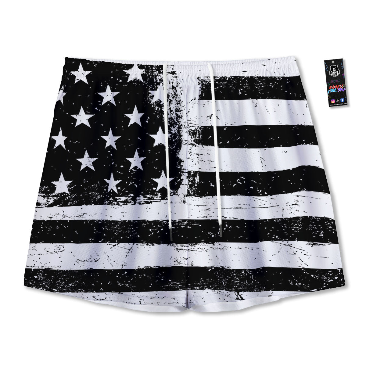 American Flag Monochrome Grunge Print Mesh Shorts