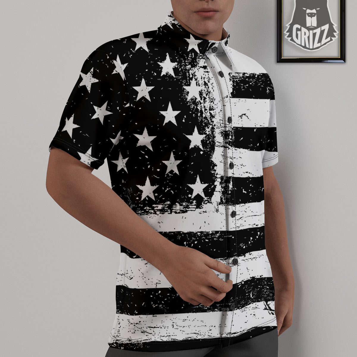 American Flag Monochrome Grunge Print Untucked Shirts-grizzshop