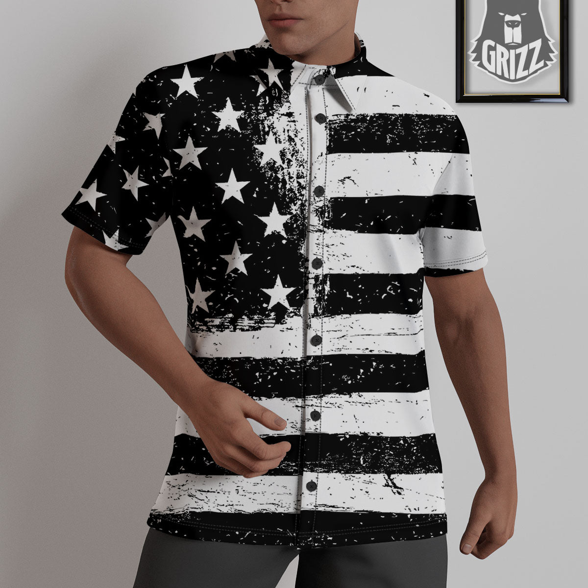 American Flag Monochrome Grunge Print Untucked Shirts-grizzshop