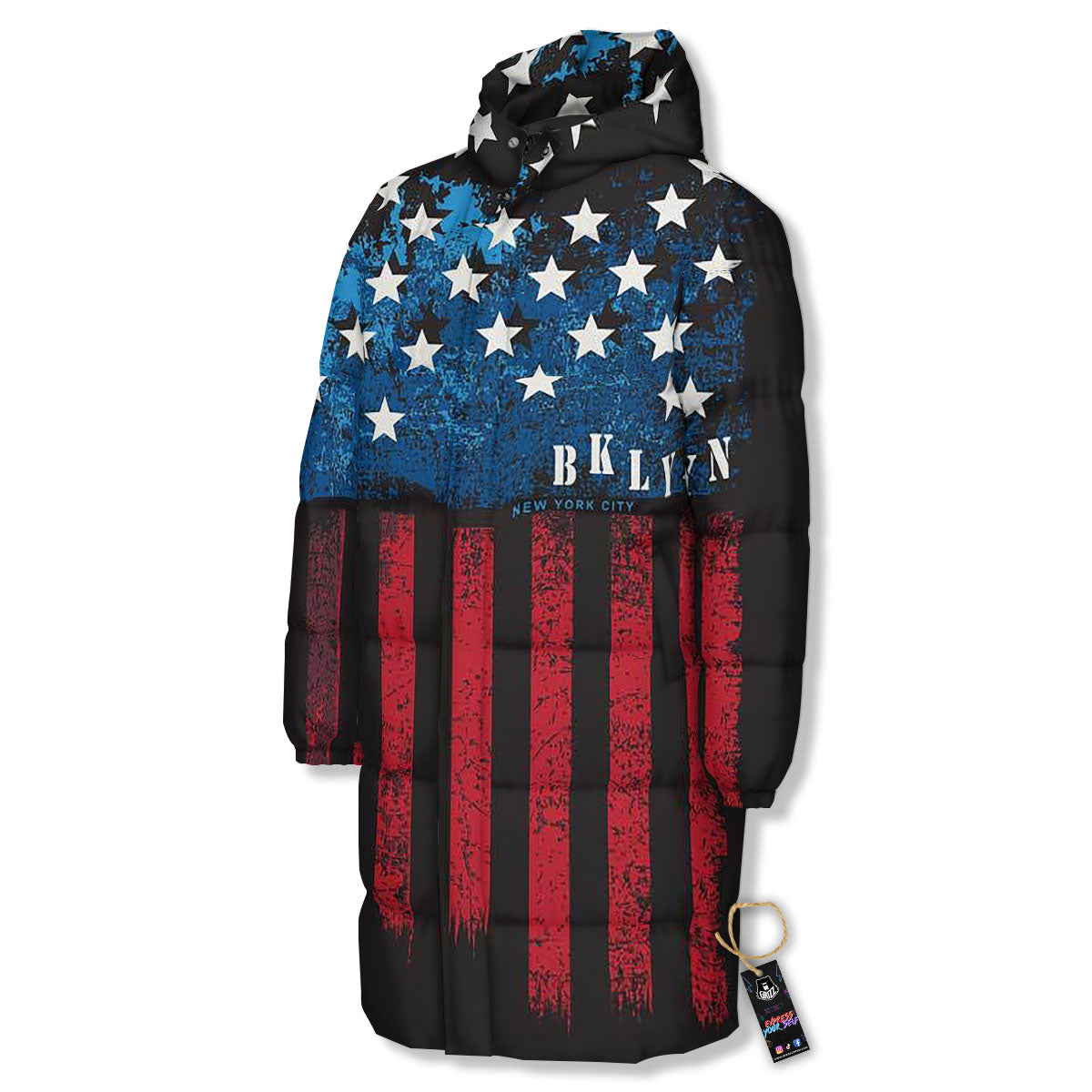 American Flag Vintage Print Long Down Jacket-grizzshop