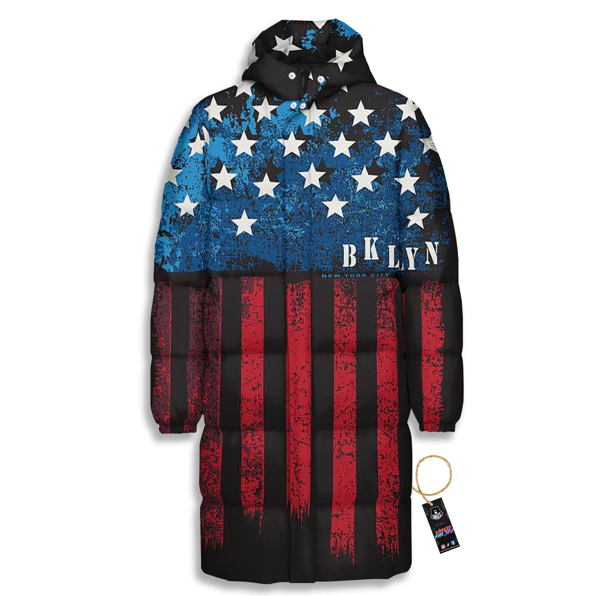 American Flag Vintage Print Long Down Jacket-grizzshop