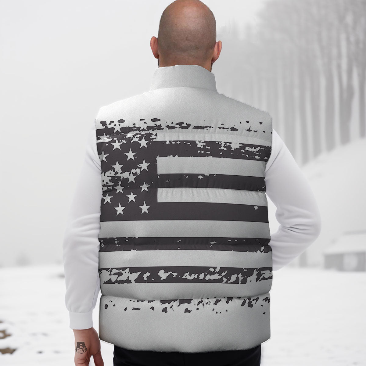 American Flag White And Black Print Down Vest