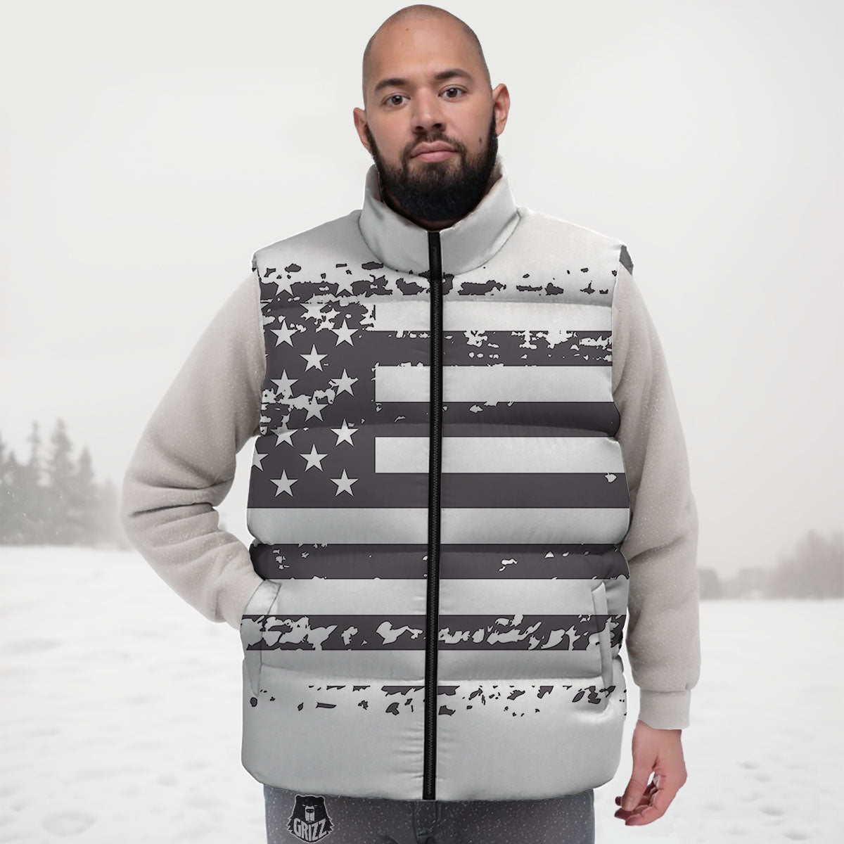 American Flag White And Black Print Down Vest