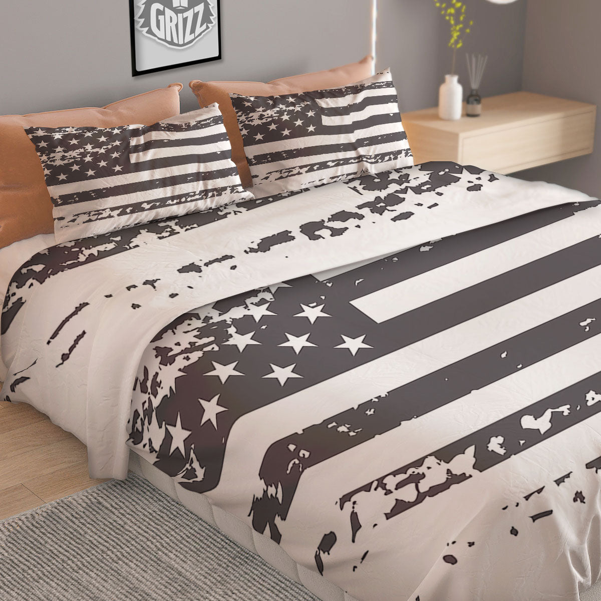 American Flag White And Black Print Duvet Cover Bedding Set
