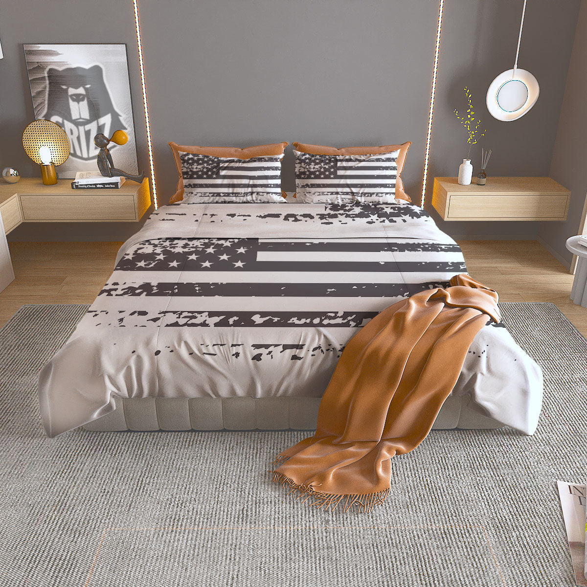 American Flag White And Black Print Duvet Cover Bedding Set