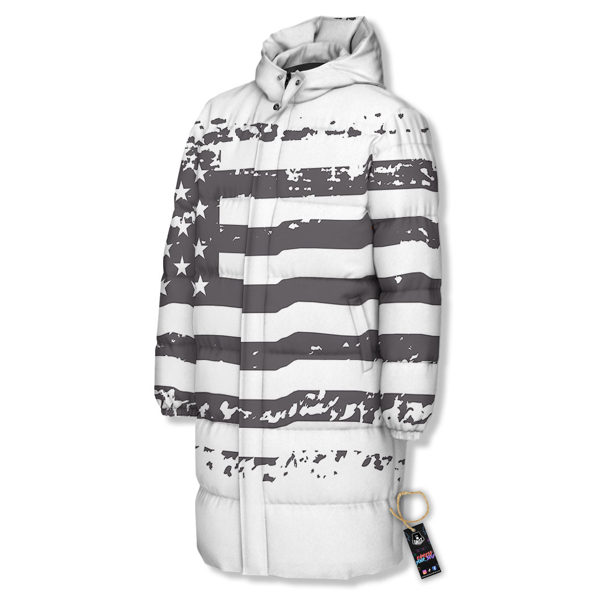 American Flag White And Black Print Long Down Jacket-grizzshop
