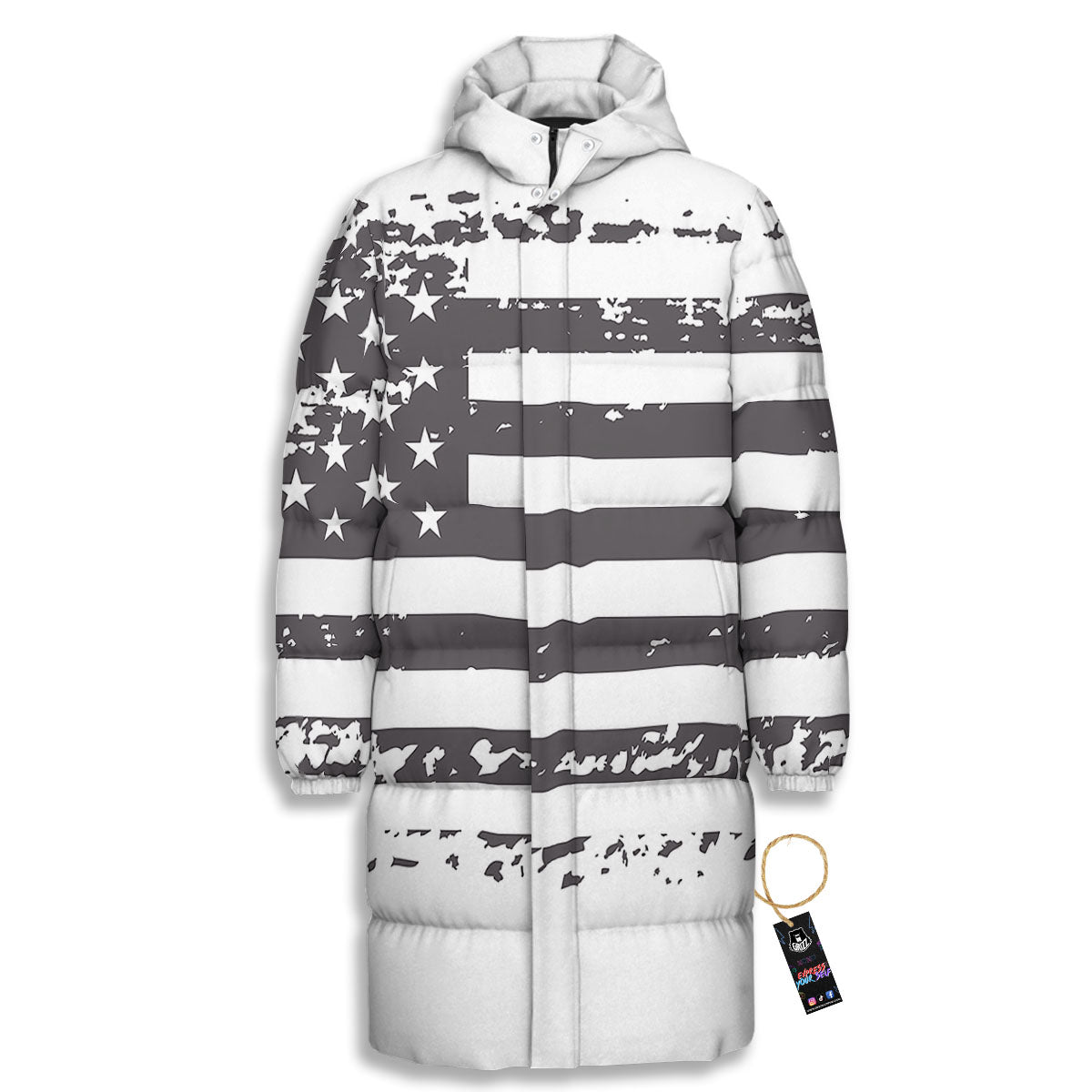 American Flag White And Black Print Long Down Jacket-grizzshop