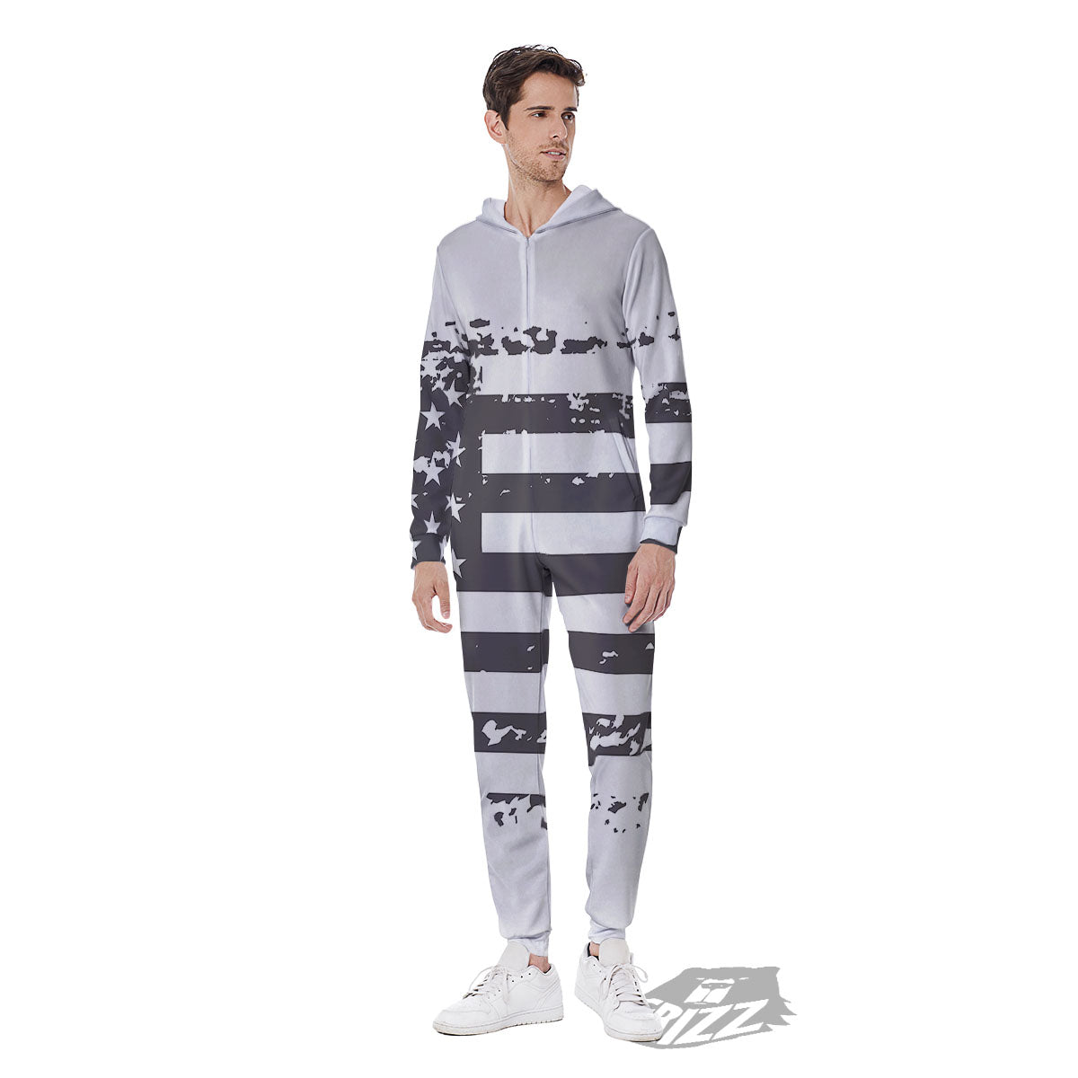 American Flag White And Black Print Men's Jumpsuit-grizzshop