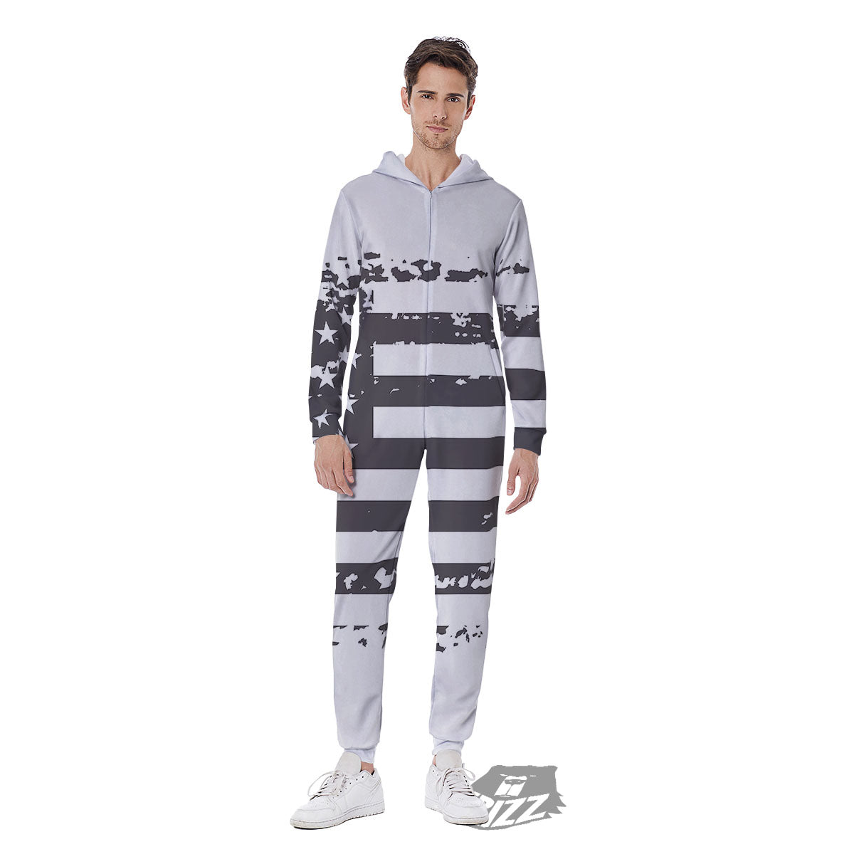 American Flag White And Black Print Men's Jumpsuit-grizzshop