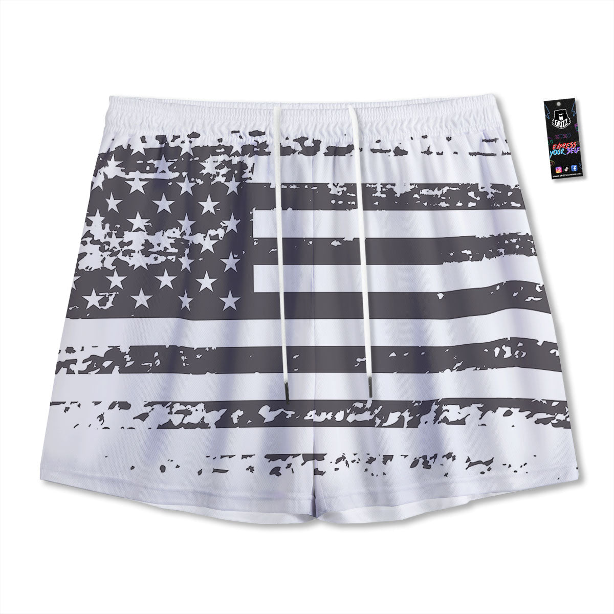 American Flag White And Black Print Mesh Shorts