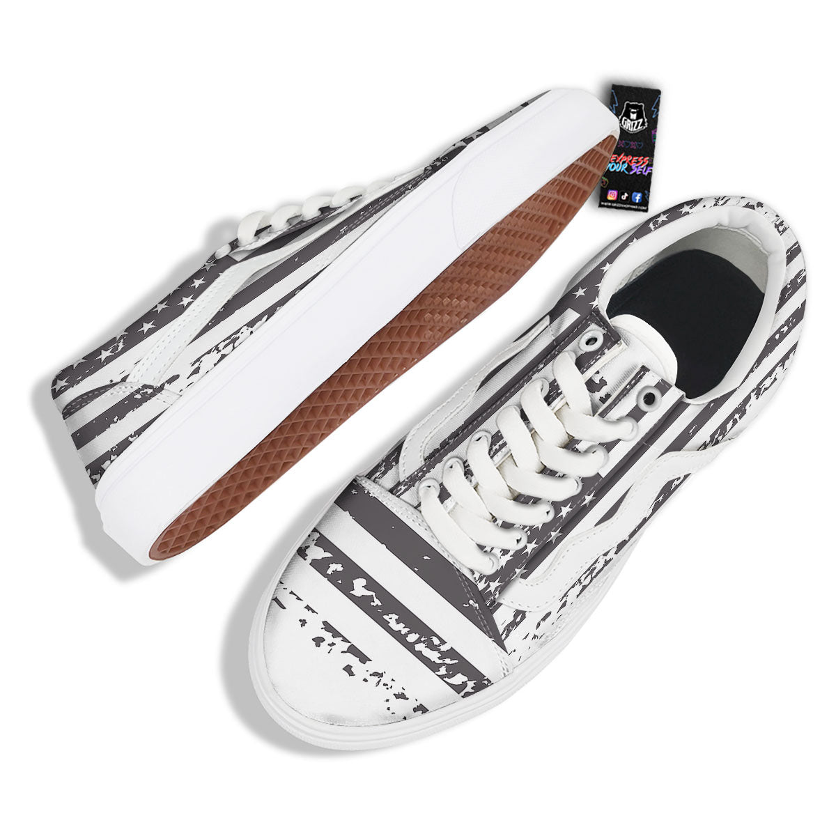 American Flag White And Black Print Skate Shoes-grizzshop