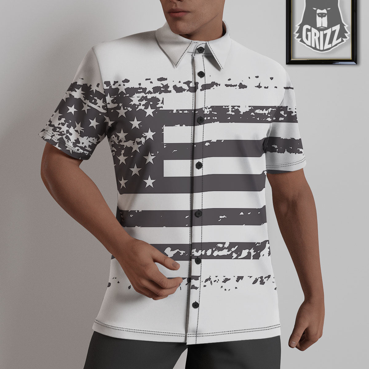 American Flag White And Black Print Untucked Shirts-grizzshop