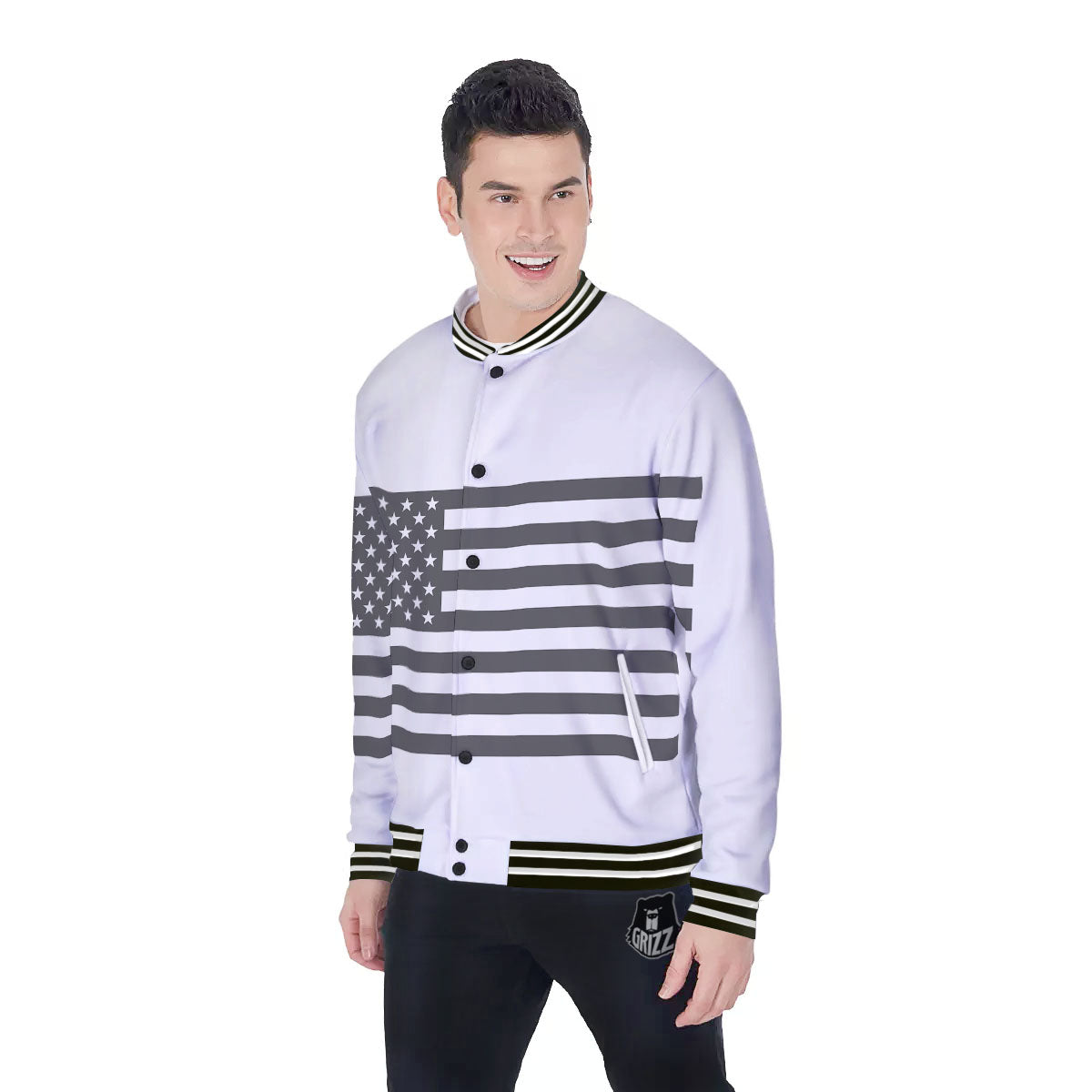 American Flag White And Grey Print Baseball Jacket-grizzshop