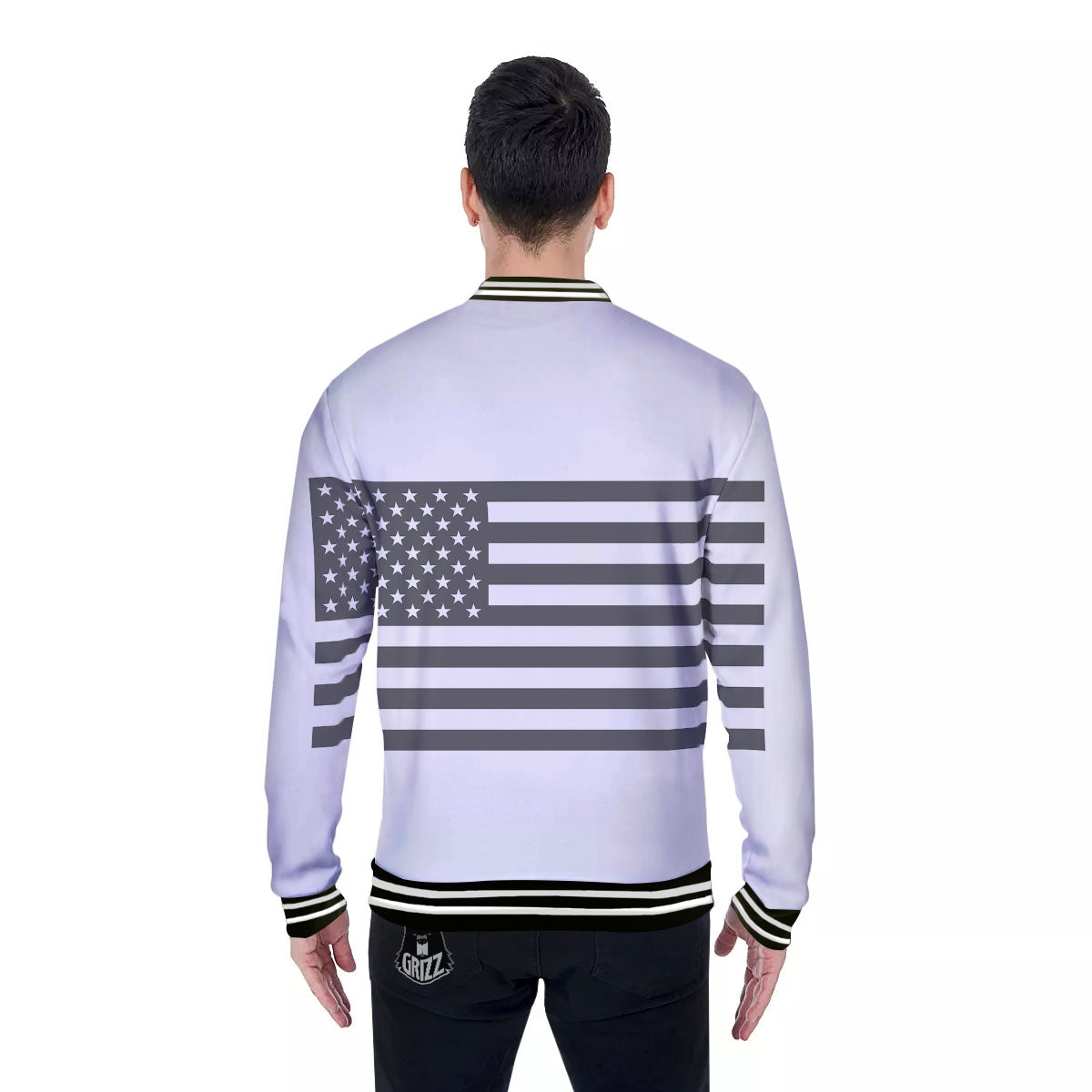 American Flag White And Grey Print Baseball Jacket-grizzshop