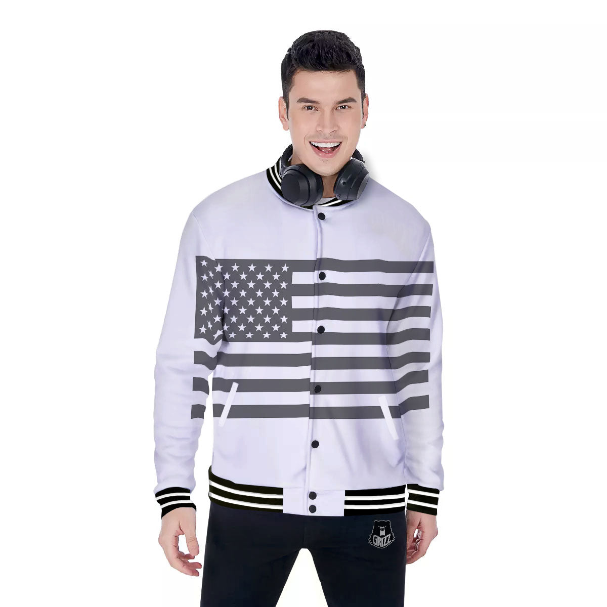 American Flag White And Grey Print Baseball Jacket-grizzshop
