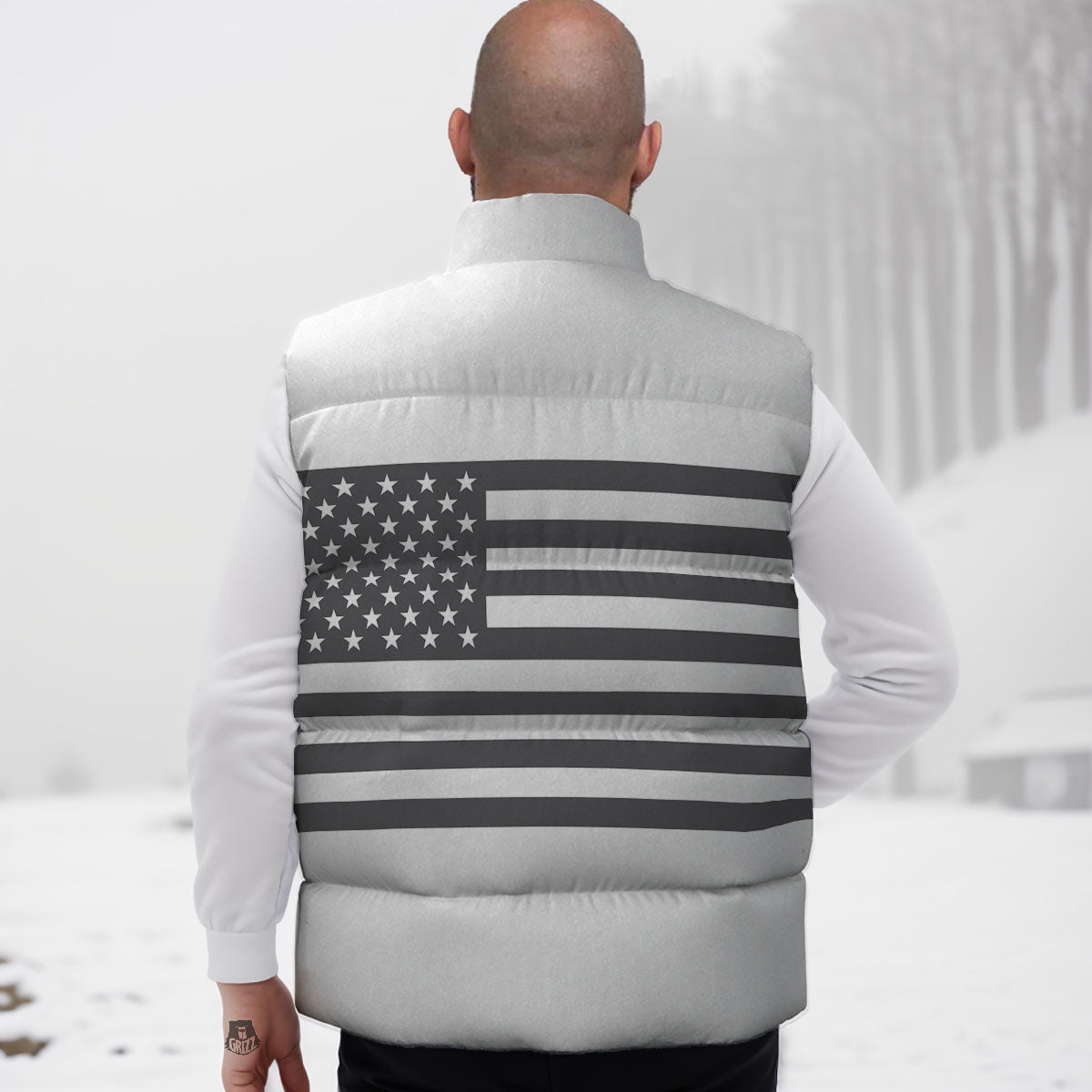 American Flag White And Grey Print Down Vest