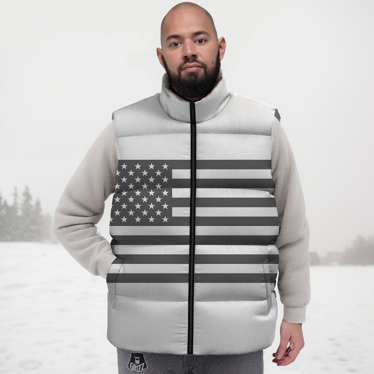 American Flag White And Grey Print Down Vest
