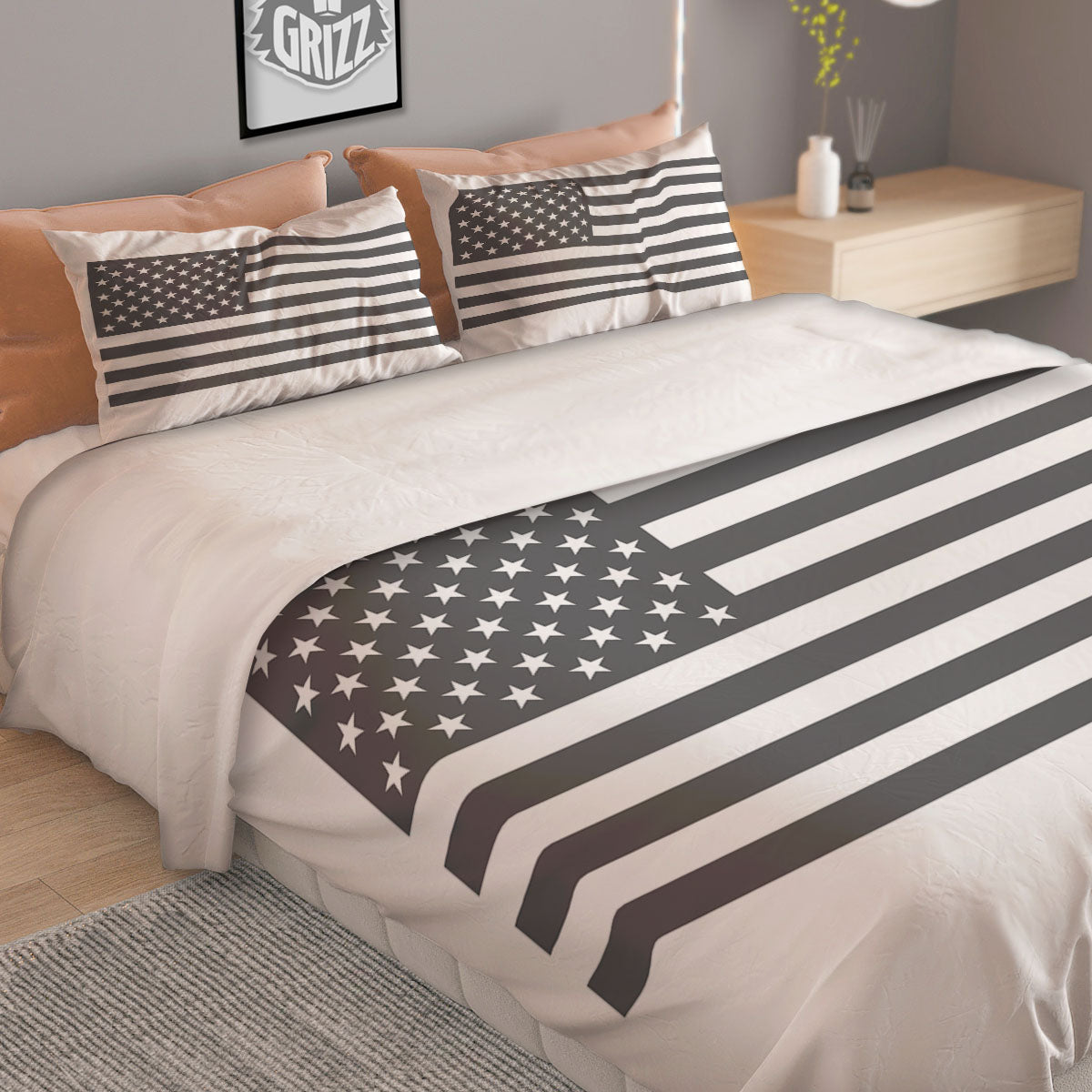 American Flag White And Grey Print Duvet Cover Bedding Set