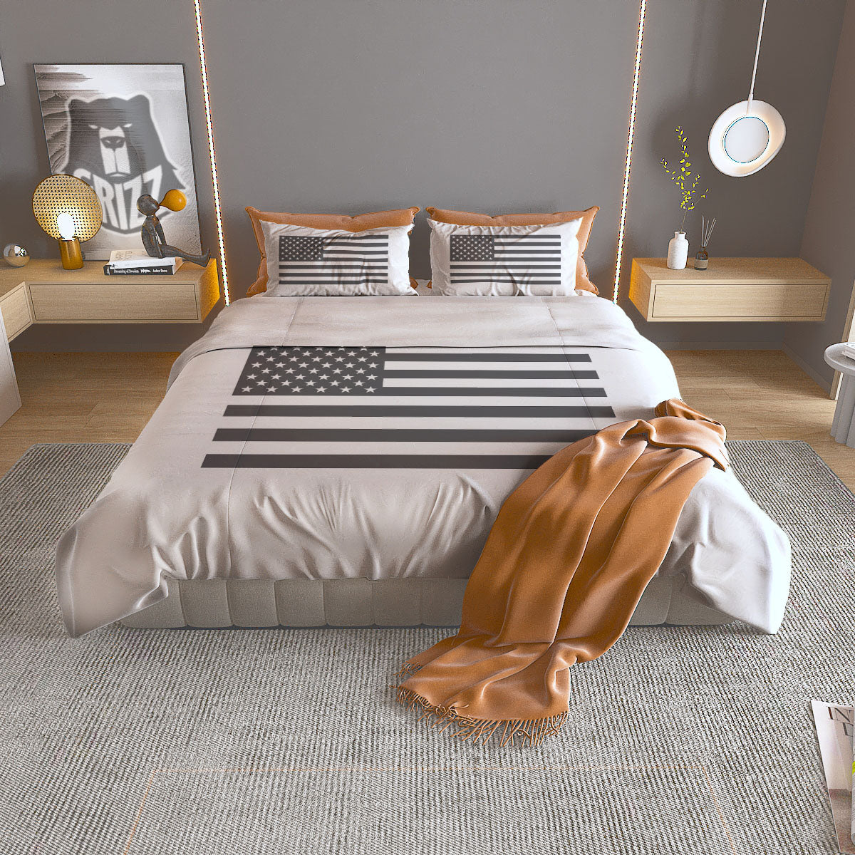 American Flag White And Grey Print Duvet Cover Bedding Set