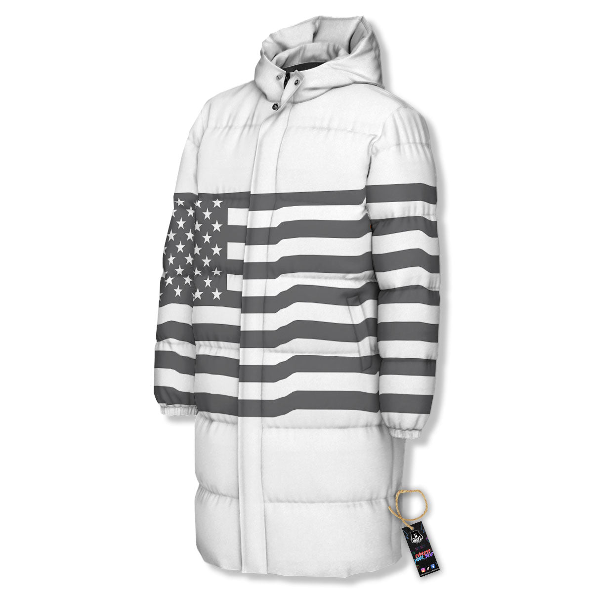 American Flag White And Grey Print Long Down Jacket-grizzshop