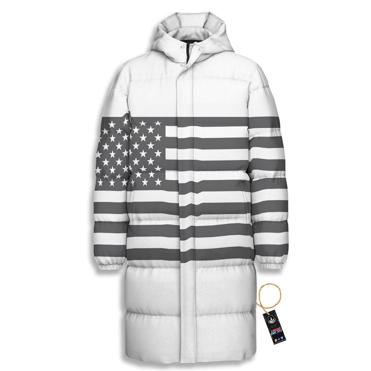 American Flag White And Grey Print Long Down Jacket-grizzshop
