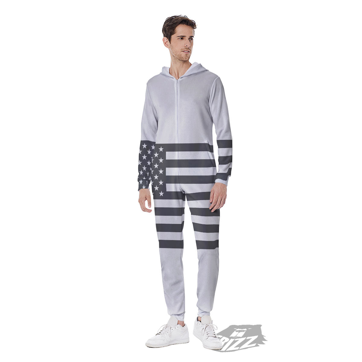American Flag White And Grey Print Men's Jumpsuit-grizzshop