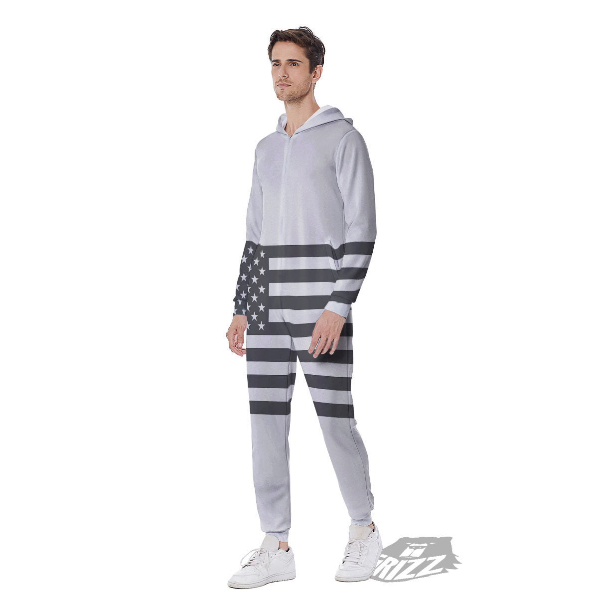 American Flag White And Grey Print Men's Jumpsuit-grizzshop