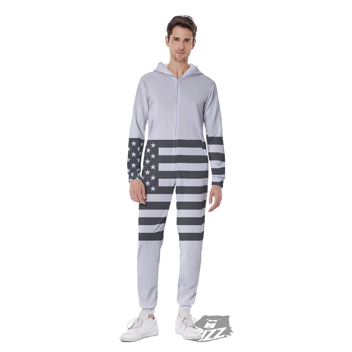 American Flag White And Grey Print Men's Jumpsuit-grizzshop