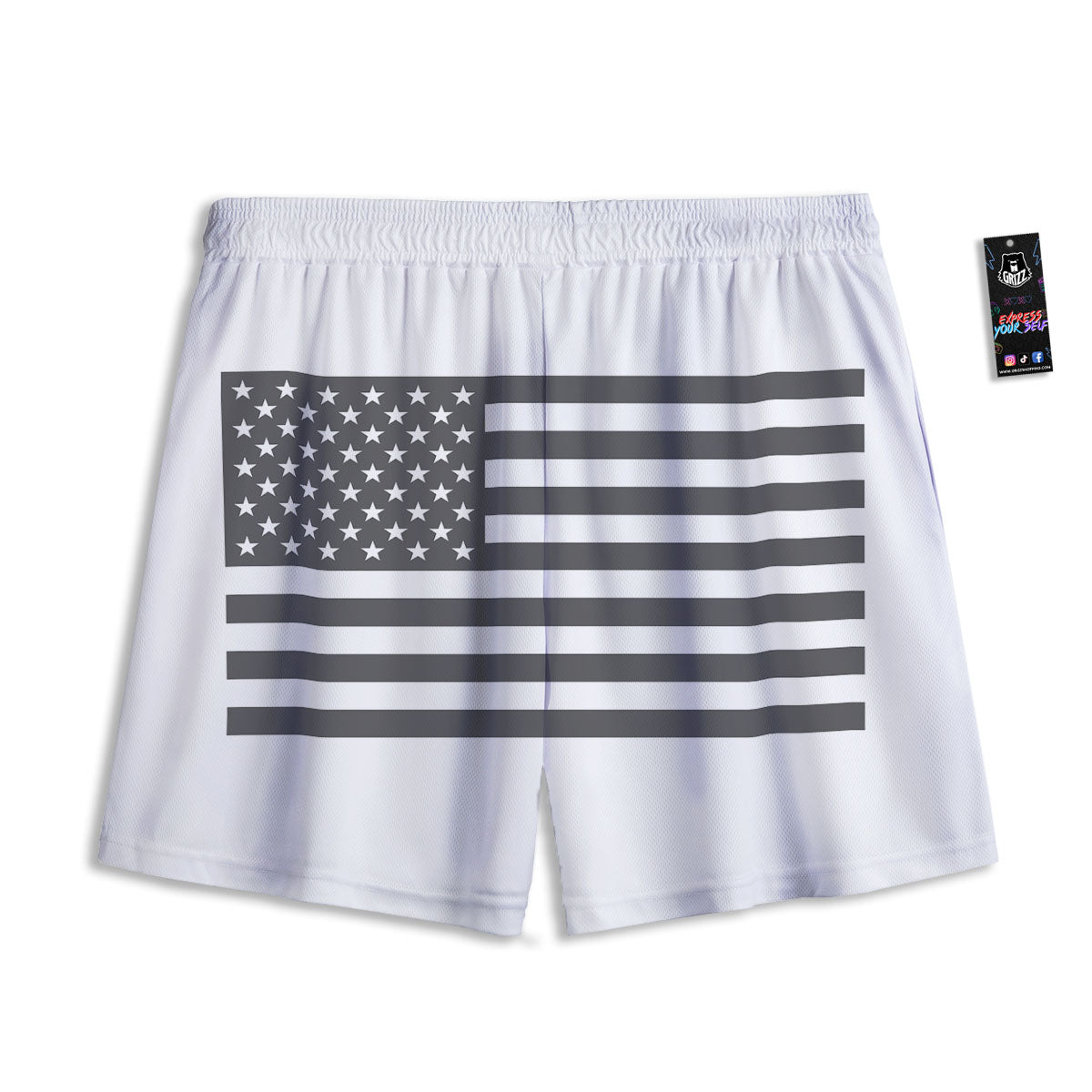 American Flag White And Grey Print Mesh Shorts