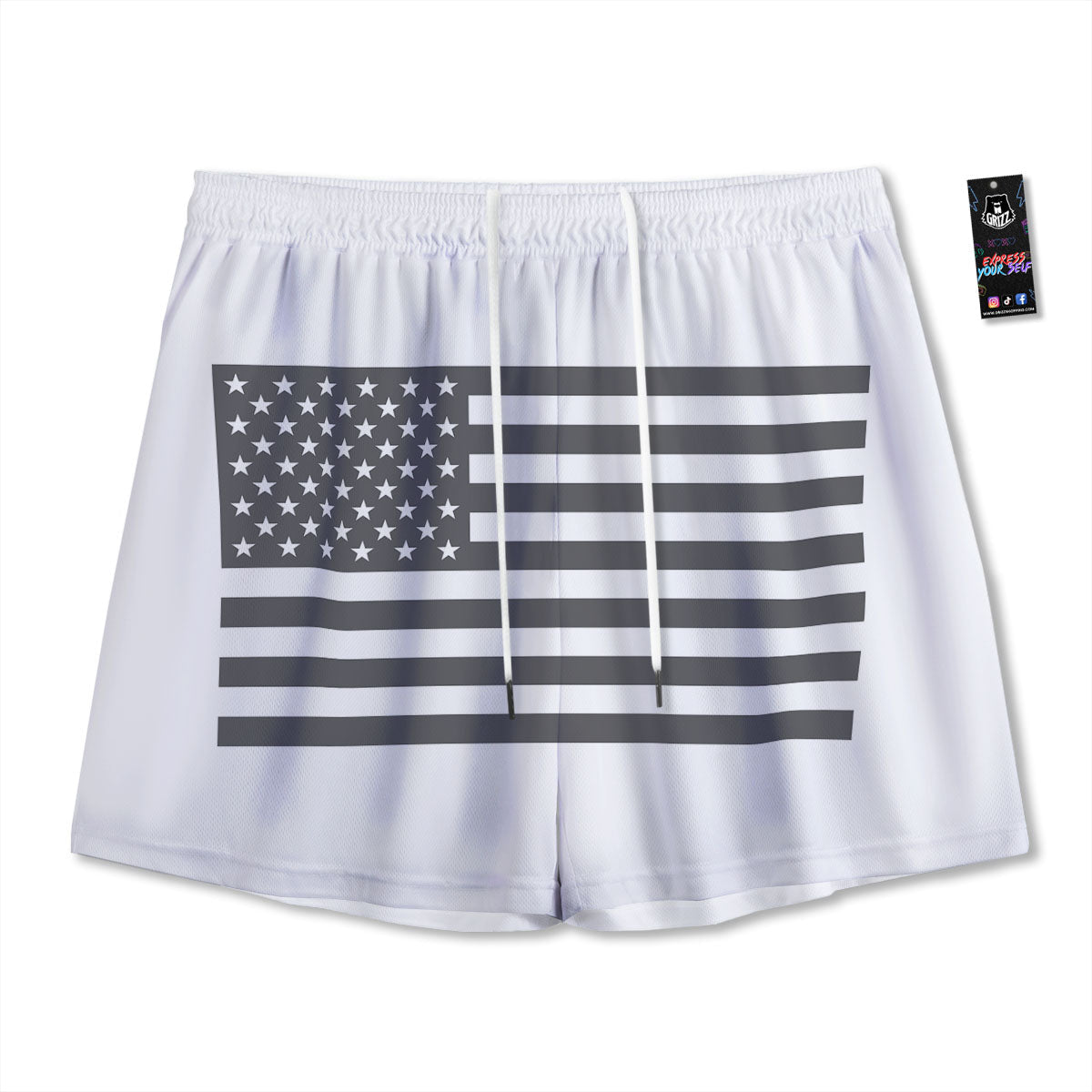 American Flag White And Grey Print Mesh Shorts