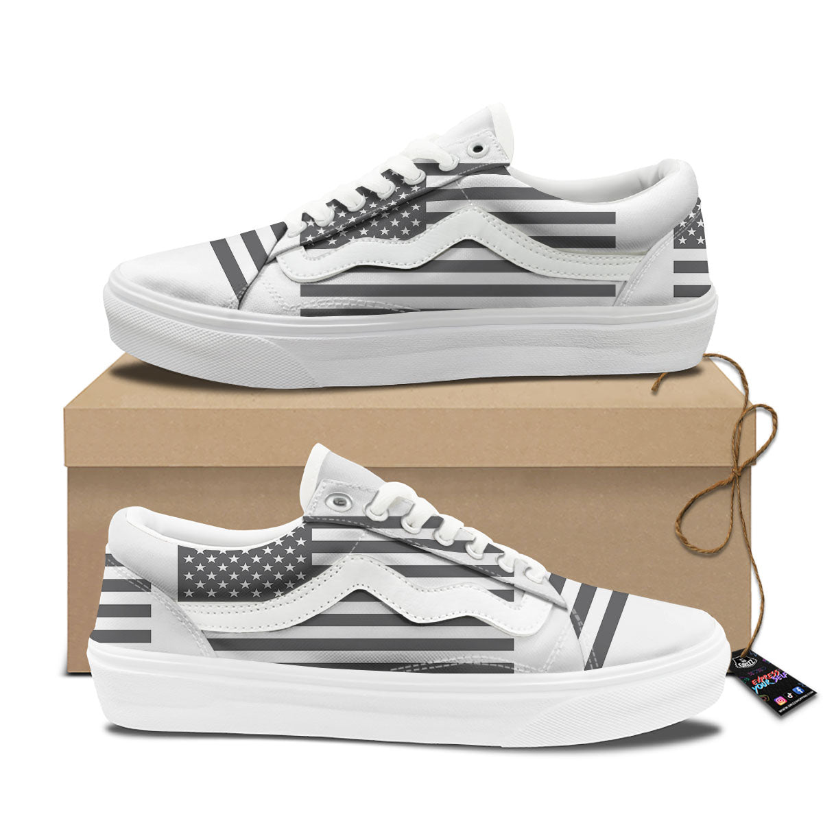 American Flag White And Grey Print Skate Shoes-grizzshop