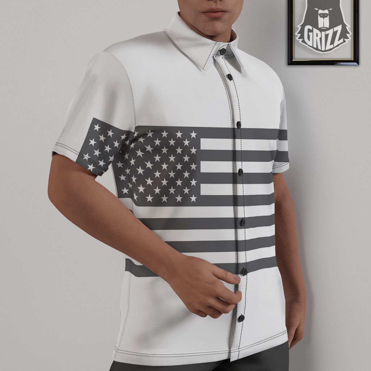 American Flag White And Grey Print Untucked Shirts-grizzshop