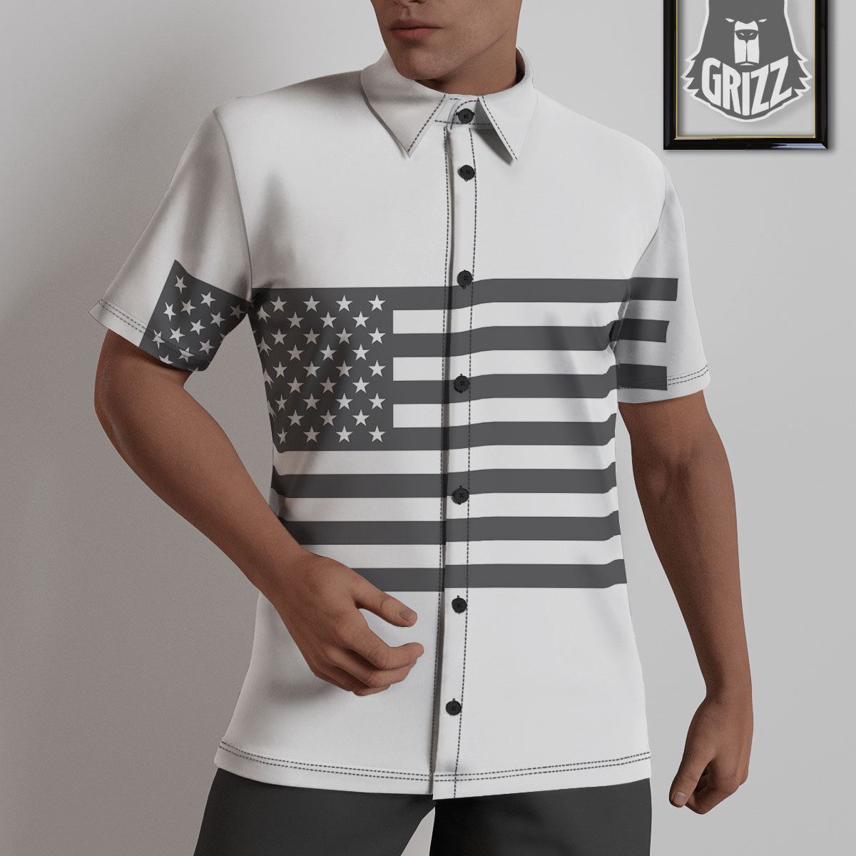 American Flag White And Grey Print Untucked Shirts-grizzshop
