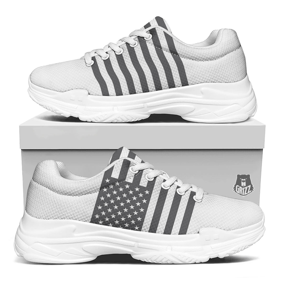 American Flag White And Grey Print White Chunky Shoes-grizzshop