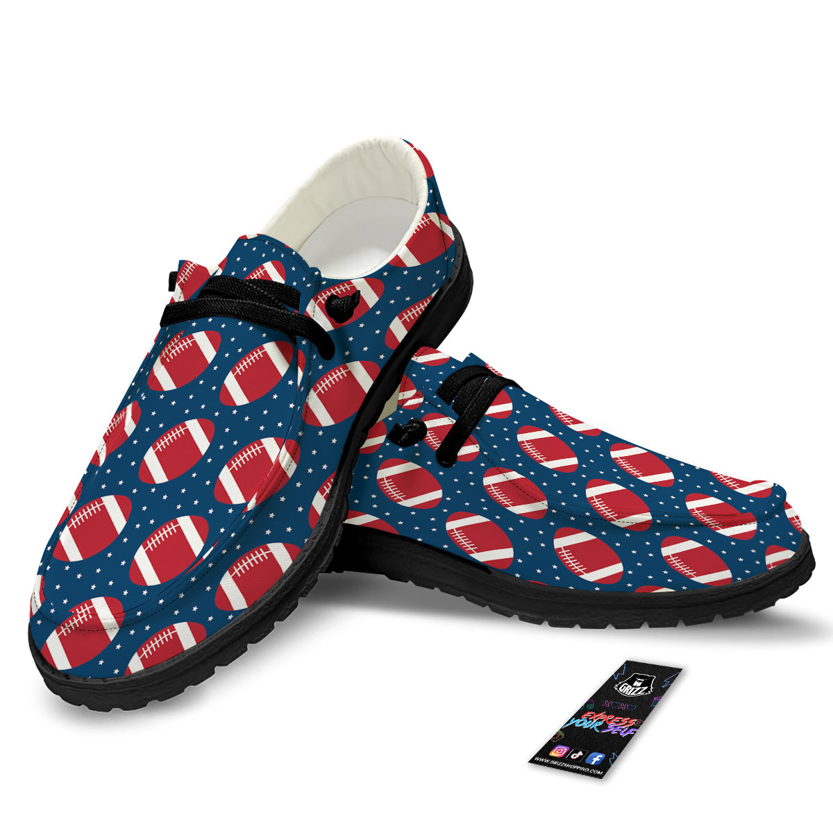 American Football Ball Print Pattern Black Loafers-grizzshop