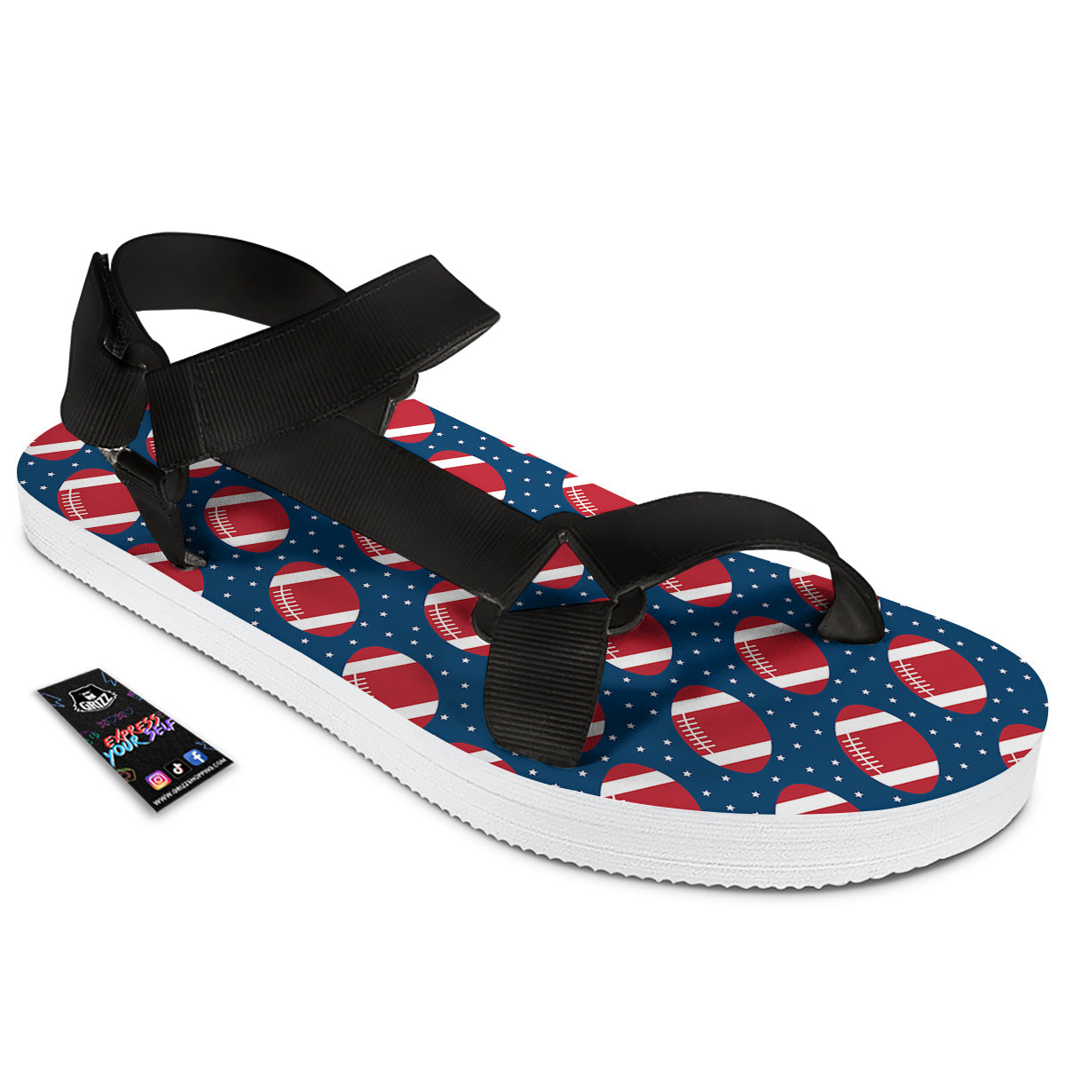 American Football Ball Print Pattern Black Open Toe Sandals-grizzshop
