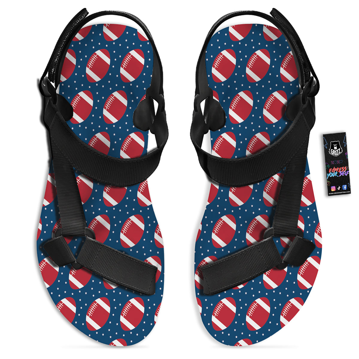 American Football Ball Print Pattern Black Open Toe Sandals-grizzshop