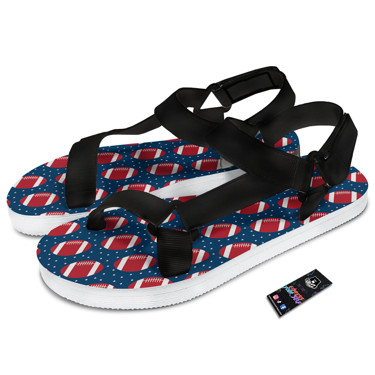 American Football Ball Print Pattern Black Open Toe Sandals-grizzshop