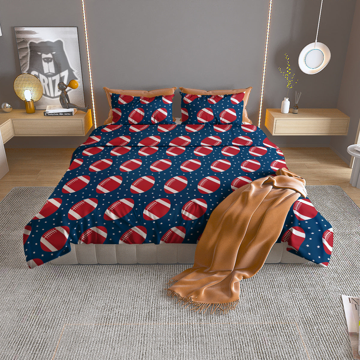 American Football Ball Print Pattern Duvet Cover Bedding Set
