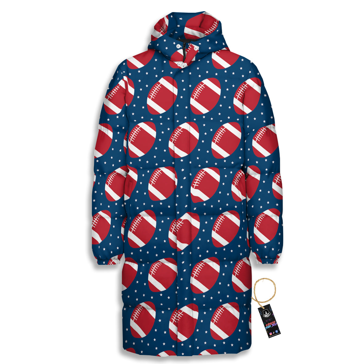 American Football Ball Print Pattern Long Down Jacket-grizzshop