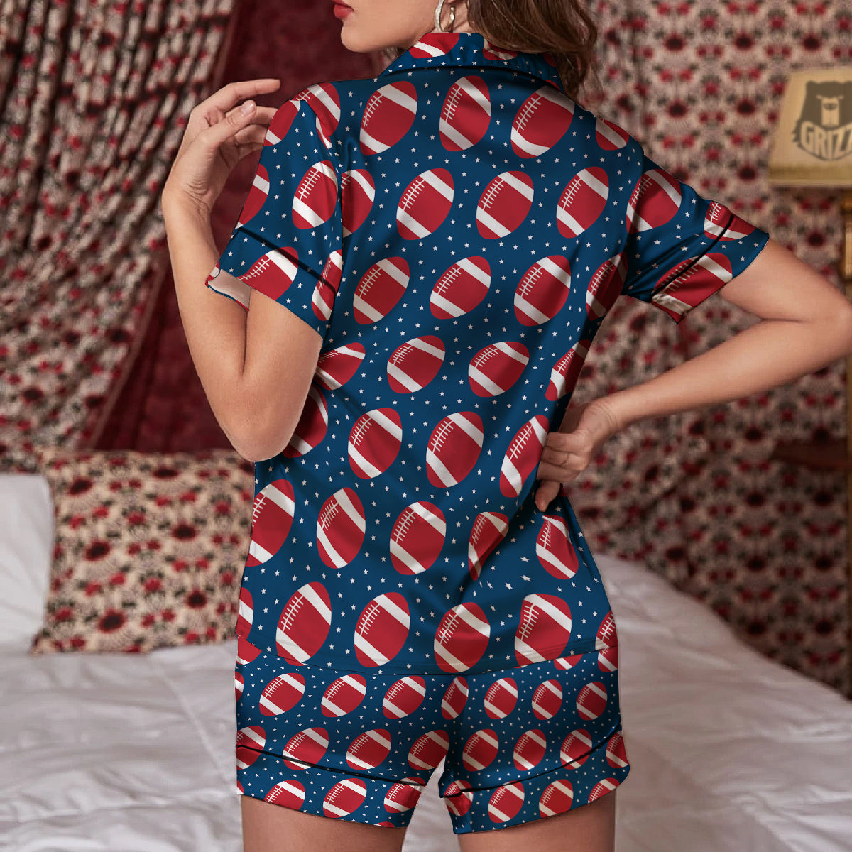 American Football Ball Print Pattern Women Silk Pajamas-grizzshop