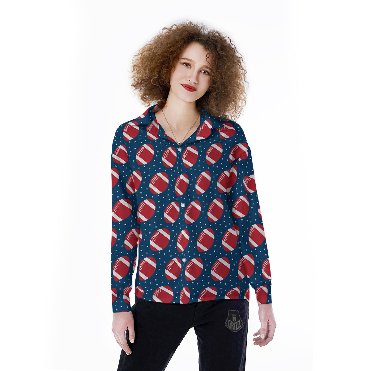 American Football Ball Print Pattern Women's Long Sleeve Shirts-grizzshop