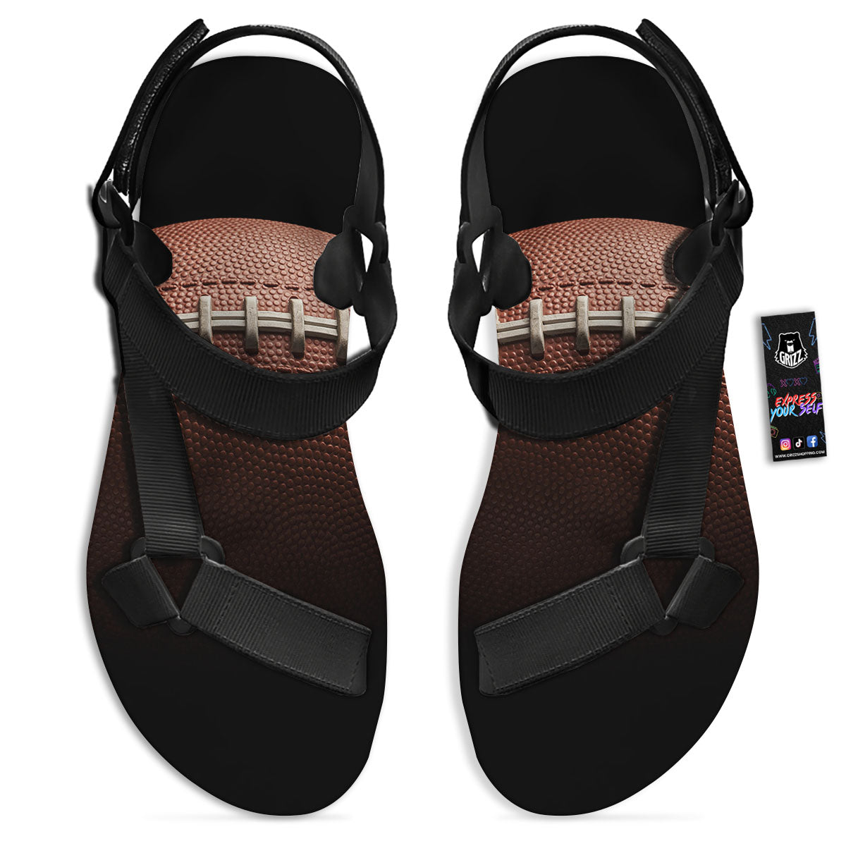 American Football Print Ball Black Open Toe Sandals-grizzshop