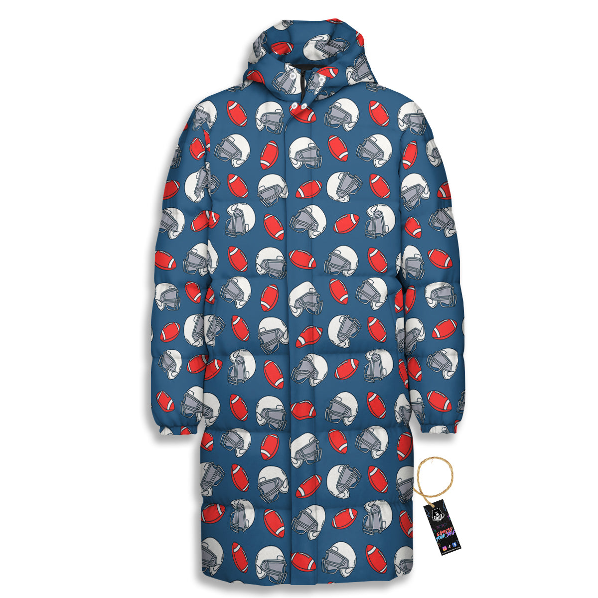 American Football Print Pattern Long Down Jacket-grizzshop